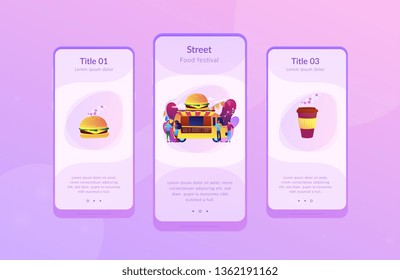 Business people at truck with burger eating fast food and drinking coffee. Street food festival, local food network, world cuisine festival concept. Mobile UI UX GUI template, app interface wireframe