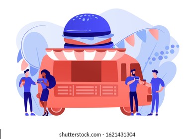 Business people at truck with burger eating fast food and drinking coffee. Street food festival, local food network, world cuisine festival concept. Pinkish coral bluevector isolated illustration