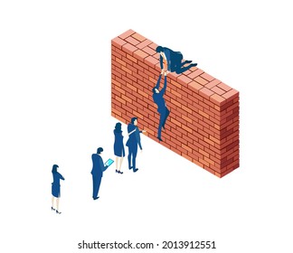Business people try to get on top of brick wall. Partnerships.  New start up. Isometric iconographic of business working space with people, business concept