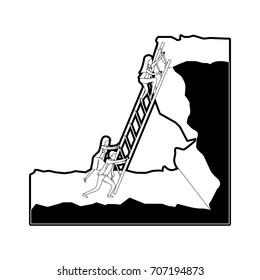 business people trying to climb stairs to the top of rock landscape black silhouette and thick contour vector illustration