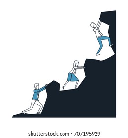 business people trying to climb to the top of rock mountain in color blue sections silhouette vector illustration