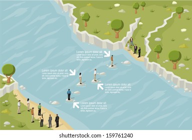 Business people trying to cross a river 