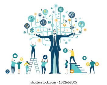 Business people trying get own place in business in the modern internet environment. Hightech electronic, microchips, icons and communication symbols at the background. Business concept illustration.