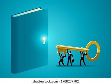 Business people trying to open a book with a giant golden key, business vector illustration