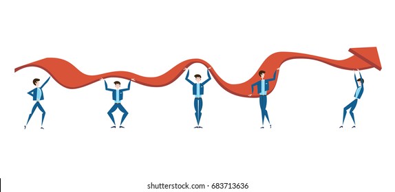 Business people are trying to raise the graph of growth of income of the company. The concept of teamwork. Vector illustration, isolated on white background.