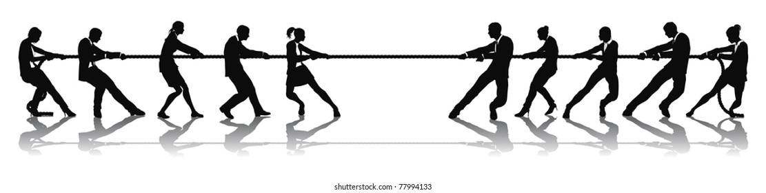 Business people tug of war competition concept. Business teams engaged in a rope pulling test contest.
