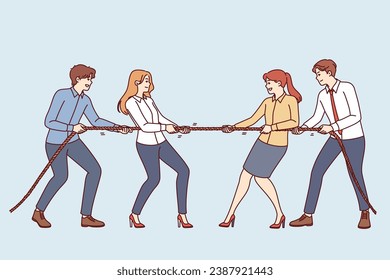 Business people tug of war demonstrating corporate competition between different departments of company. Male and female office employees compete, for concept of competition for clients