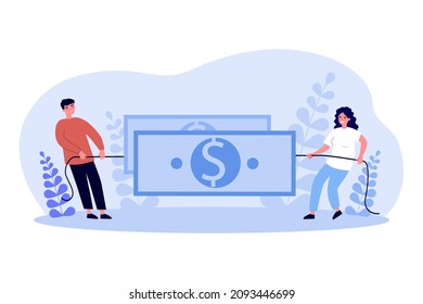 Business people tug of war with money. Conflict and struggle of tiny man and woman for dollar flat vector illustration. Corporate fight, effort concept for banner, website design or landing web page