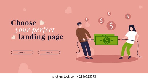 Business people tug of war with money. Conflict and struggle of tiny man and woman for dollar flat vector illustration. Corporate fight, effort concept for banner, website design or landing web page