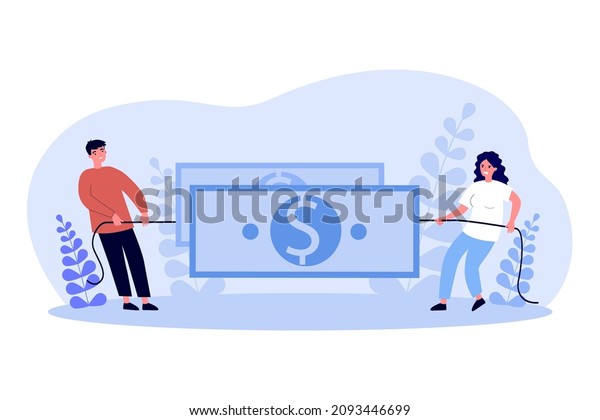 Business people tug of war with money. Conflict and\
struggle of tiny man and woman for dollar flat vector illustration.\
Corporate fight, effort concept for banner, website design or\
landing web page