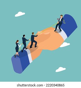 Business people tug of war standing on hands shaking each other isometric 3d vector illustration concept for banner, website, illustration, landing page, flyer, etc.