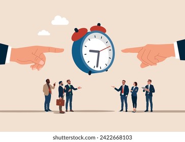 Business people and two human hands and clock. 24-7 support service, working hours. Open time. Success long term investment. Flat vector illustration