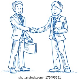 Business People, Two Men, Smiling And Shaking Hands, With Documents In Hand,  Hand Drawn Sketch Vector Illustration