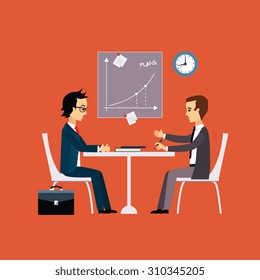 Business people, two men at the table negotiating Flat design.