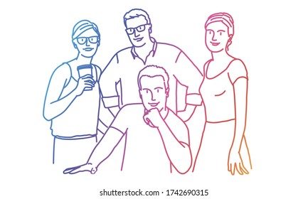 Business people, two women, two men. Rainbow colors in linear vector illustration. 