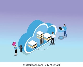 Personas de negocios subiendo datos a la computación en la nube ilustración vectorial isométrica 3d