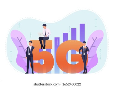 Business people use 5G in various activities like working on laptop or surfing the internet. 5G hi speed network wireless systems concept.