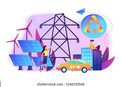 Business people use clean renewable electric energy in the city. Renewable energy, renewable power resources, rural energy services concept. Bright vibrant violet vector isolated illustration