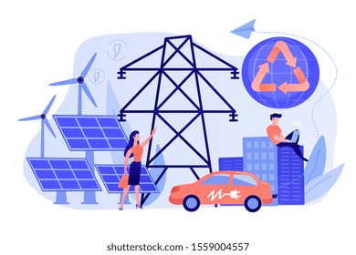 Business people use clean renewable electric energy in the city. Renewable energy, renewable power resources, rural energy services concept. Pinkish coral bluevector isolated illustration