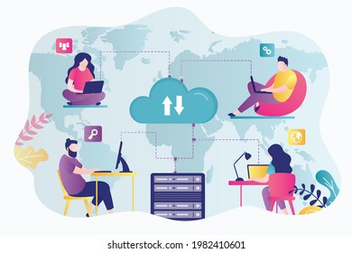 Business people use cloud server for distant job. Segregation of duties. Concept of global outsourcing and teamwork. Delegation of work among employees. Colleagues work remotely. Vector illustration