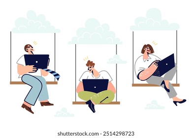 Business people use cloud technology for teamwork and file sharing over internet, sitting in sky with laptops. Office workers communicate in software with cloud technology to speed up work