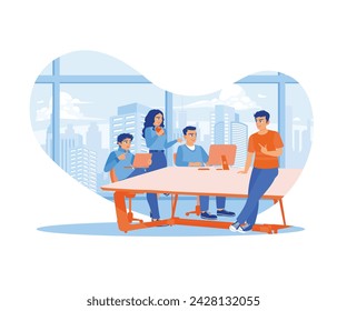 Business people use gadgets, talking and smiling during conferences in the office. Team communication. flat vector modern illustration 