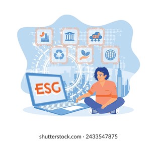 Business people use a laptop to analyze ESG data. Sustainable economic growth with renewable energy and natural resources concept. Flat vector illustration.