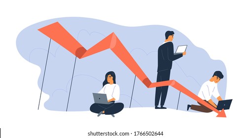 Business people use laptop with arrow point downwards vector flat illustration. Global financial crisis, recession and losing profits. Businessman and team during economy crash or bankruptcy isolated