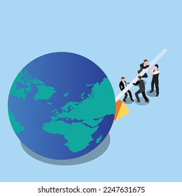 Business people use leverage to move the huge earth isometric 3d vector illustration concept for banner, website, illustration, landing page, flyer, etc.
