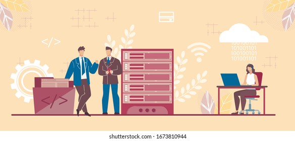 Business people Use SaaS Project Management Tool. Software as Service. Woman Coding Programming Internet Application Line. Businessman Partner Talking. Database Rack in Server Room. Vector Illustration