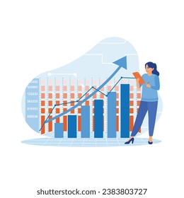 La gente de negocios usa la inteligencia para estudiar el crecimiento de las operaciones bursátiles. Aumento del crecimiento de las empresas. Concepto de Bolsa. ilustración plana vectorial moderna de tendencia