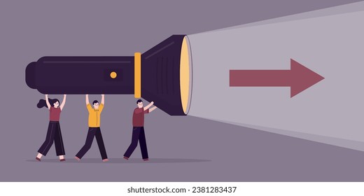 Business people uses giant flashlight uncovering arrow sign. Right direction of company development, team is moving along the road to profit and success. leadership and business concept. flat vector