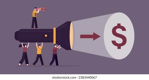 Business people uses giant flashlight uncovering dollar sign. Right direction of company development, team is moving along road to big profit and success. leadership and business concept. flat vector