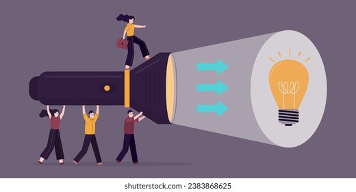 Business people uses giant flashlight illuminating light bulb. Right direction of company development, pitching ideas, brainstorming. team is moving along road to new ideas. flat vector illustration