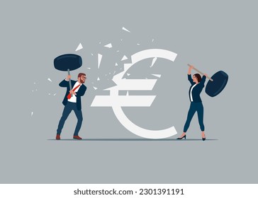 Business people  uses sledgehammer and attack euro sign. Flat vector illustration.