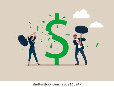 Business people  uses sledgehammers and attack dollar sign. Flat vector illustration.