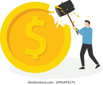 Business people uses sledgehammers and attack dollar sign. Flat vector illustration.

