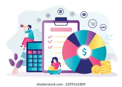 Business people uses various tools and gadgets for planning personal budget. Smart man and woman thinking about earnings and spendings. Diagram chart, calculator and planner. flat vector illustration
