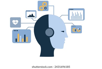 Empresarios que utilizan herramientas de inteligencia artificial para el análisis de datos para generar algo, transformación tecnológica futurista sobre fondos blancos.