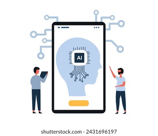 Geschäftsleute nutzen Tools der künstlichen Intelligenz für die Datenanalyse, um etwas zu generieren, futuristische Technologietransformation auf weißem Hintergrund.