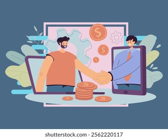 Business people using computers for closing deal online. Investor and startup leader shaking hands over money. Vector illustration for virtual handshake, remote work, global partnership concept