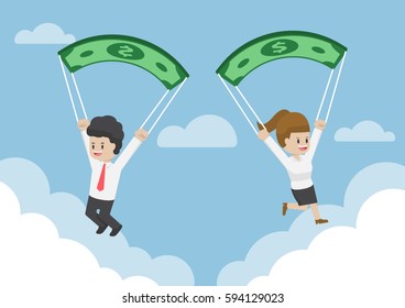 Business People Using Dollar Banknote as a Parachute, Financial Concept
