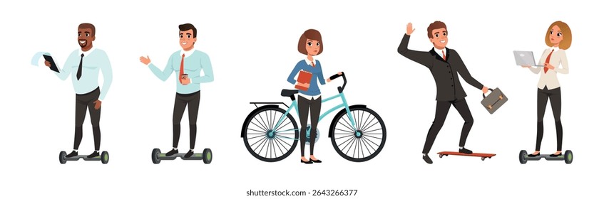 Business People Using Eco Friendly Transport Vector Set