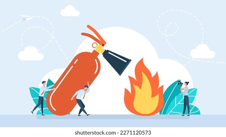 Empresarios que usan un extintor para extinguir una protección contra incendios. Pequeños bomberos extinguiendo la llama. Rescatador. Tecnologías de prevención de incendios. Alarma. Ilustración vectorial plana