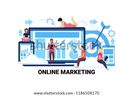business people using gadgets graphs diagram online marketing e-commerce internet statistics concept man woman teamwork horizontal flat vector illustration