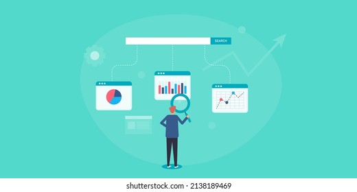 Business people using business intelligence application, Website analytics tool, Business development strategy - flat design vector illustration with icons