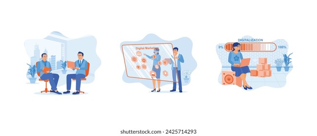 Geschäftsleute, die im Büro Laptop und Notebook verwenden. Konzeption von Marketingplänen und -strategien auf virtuellen Bildschirmen. Installation des DIGITALISIERUNGS-Hologramms auf einem Laptop. Digitales Geschäftskonzept. 