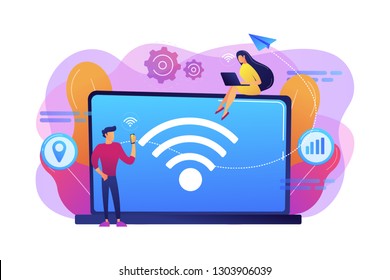 Business people using laptop and smartphone with WiFi connection. Wi-fi connection, WiFi communication technology, free internet services concept. Bright vibrant violet vector isolated illustration