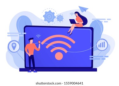 Business people using laptop and smartphone with WiFi connection. Wi-fi connection, WiFi communication technology, free internet services concept. Pinkish coral bluevector isolated illustration