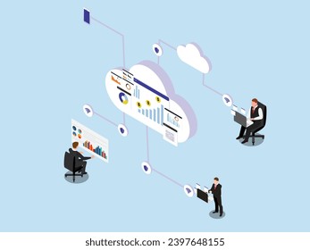 Business people using laptop and working on a cloud computing 3d isometric vector concept for landing page, banner, illustration